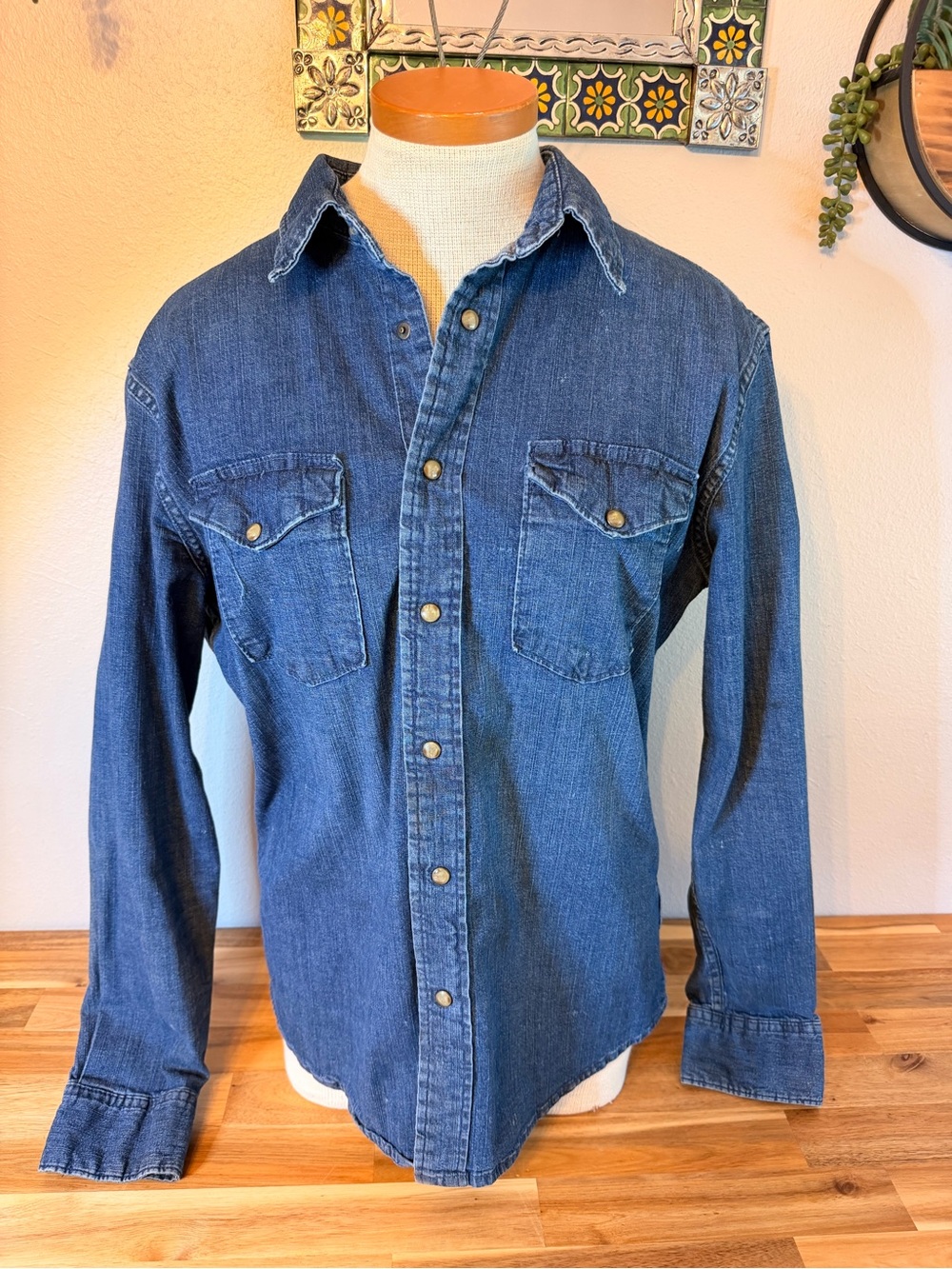 Wrangler Indigo Denim Western Pearl Snap Shirt Stretch Men's Medium